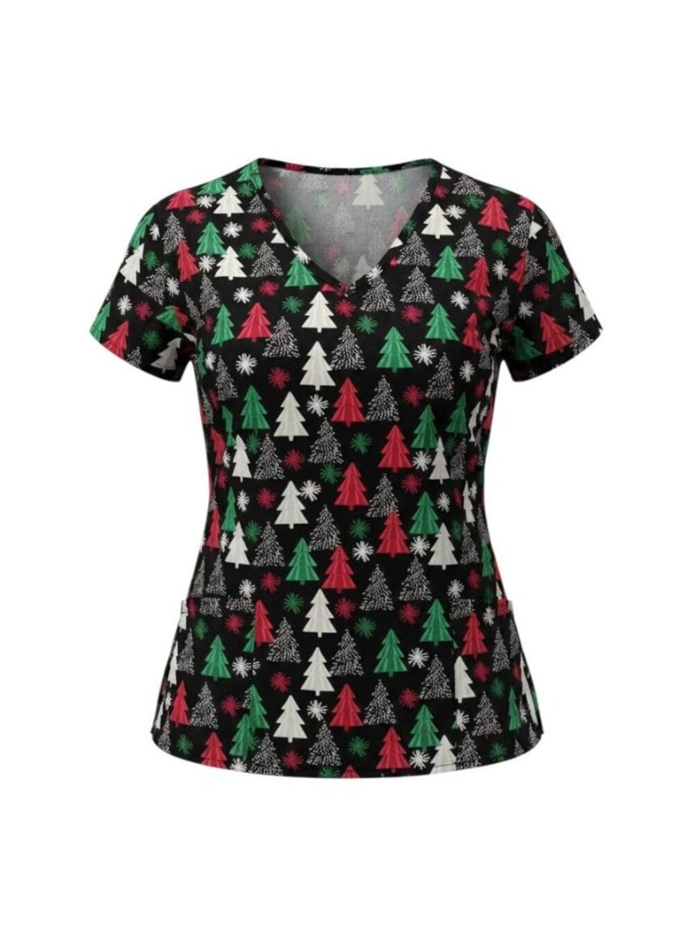 Christmas Tree Print V-Neck Scrub Top With Side Ties Womens Size M By Cassandra